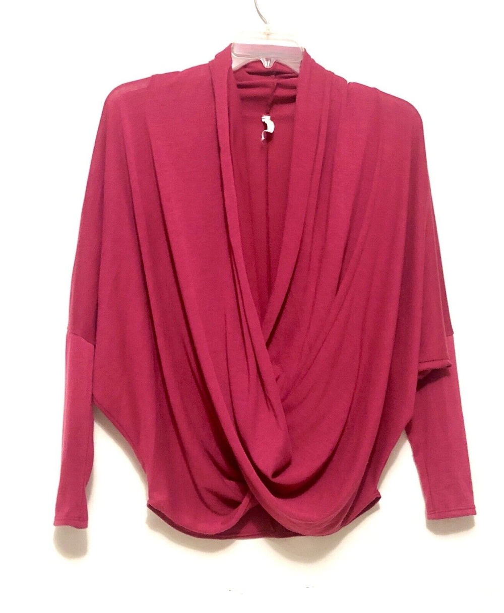 Bo Bel Draped Scoop Neckline Fuchsia Pink Blouse Shirt Top Long Sleeve L